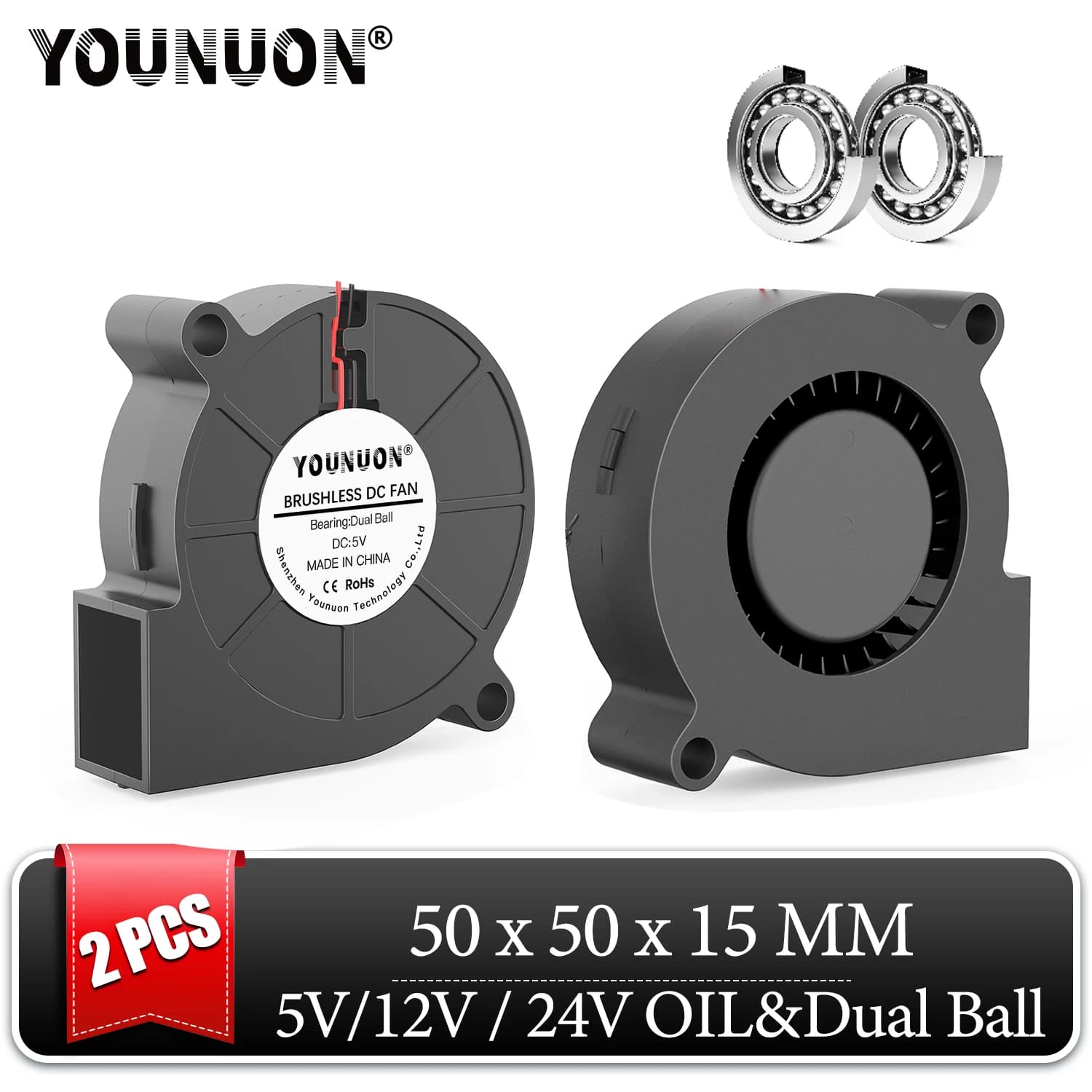 2PCS 5015 50mm DC 24V 12V 5V 2Pin Dual Ball/Sleeve Bearing Brushless Cooling Turbine Blower Fan 50mm x 15mm Blower Cooler Fan