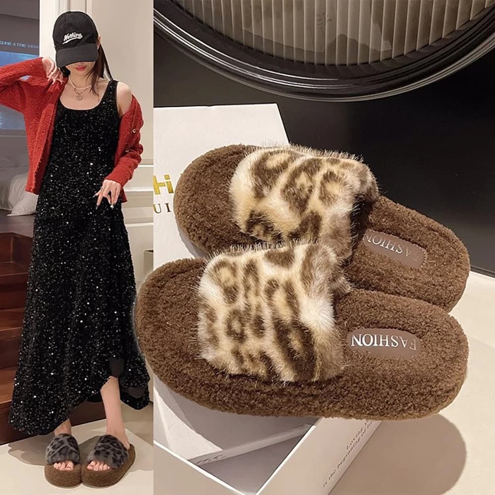 Leopard Print Platform New Autumn And Winter Fashion Home Furry Cotton Slippers