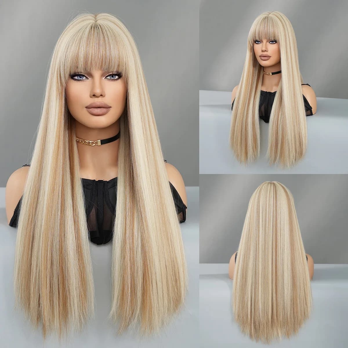 Wig  girls long straight hair highlights beige lolita cross-dressing chemical fiber full head covering