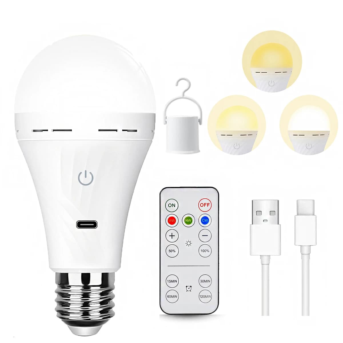 E27 Cordless USB Rechargeable Light Bulbs with Remote Control, 2200mAh Battery Operated Light Bulb for Lamps, Dimmable/Timer