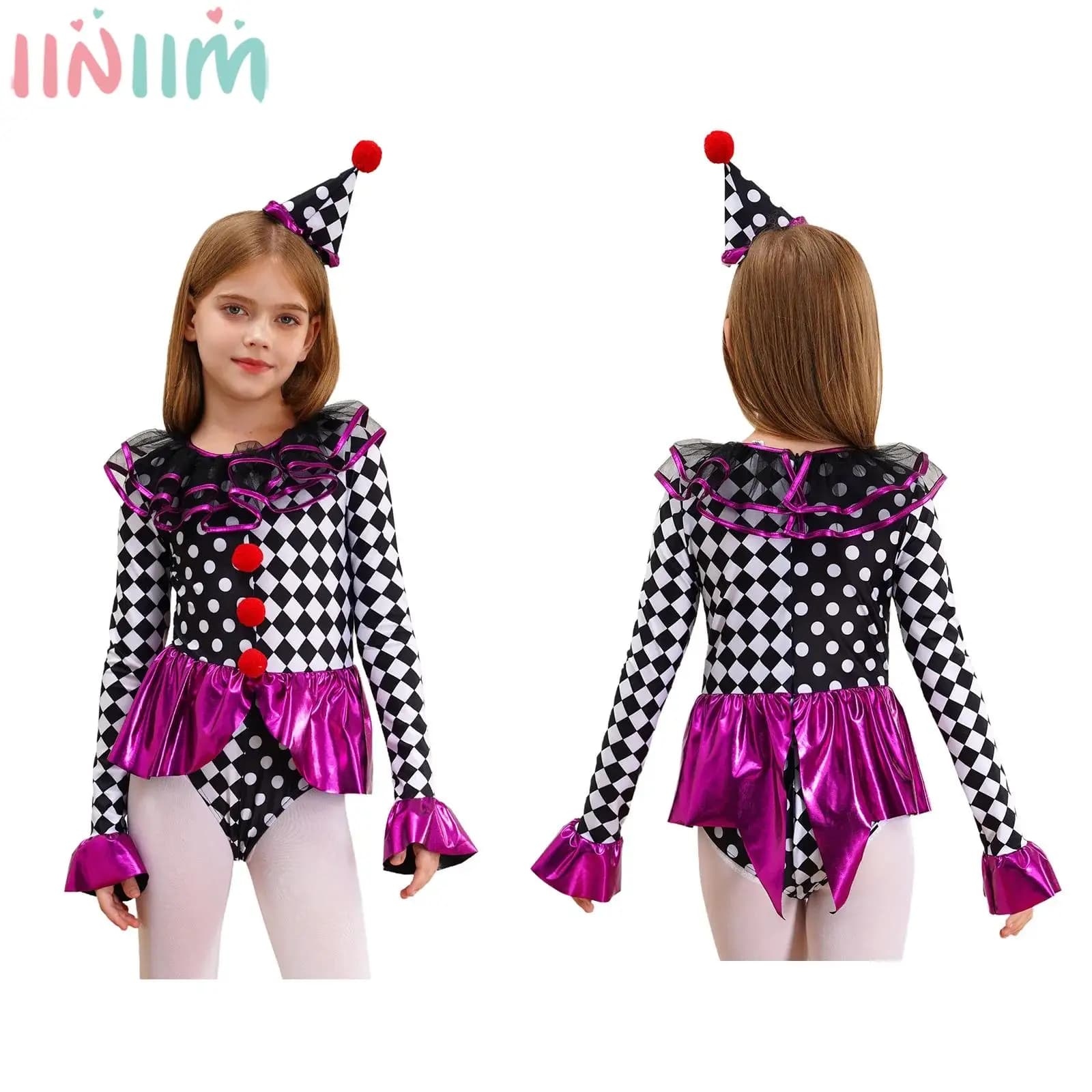 Girls Circus Clown Dress Up Cosplay Performance Costume Long Sleeve Checkerboard Bodysuit for Halloween Carnival Theme Party