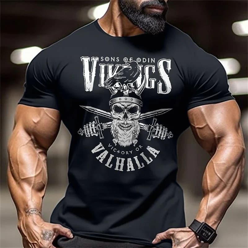 Men's T-Shirt Gym Training Sportswear Skull Weapon Print Retro Oversized T-Shirt Casual Streetwear Tops Round Neck Pullover Tees