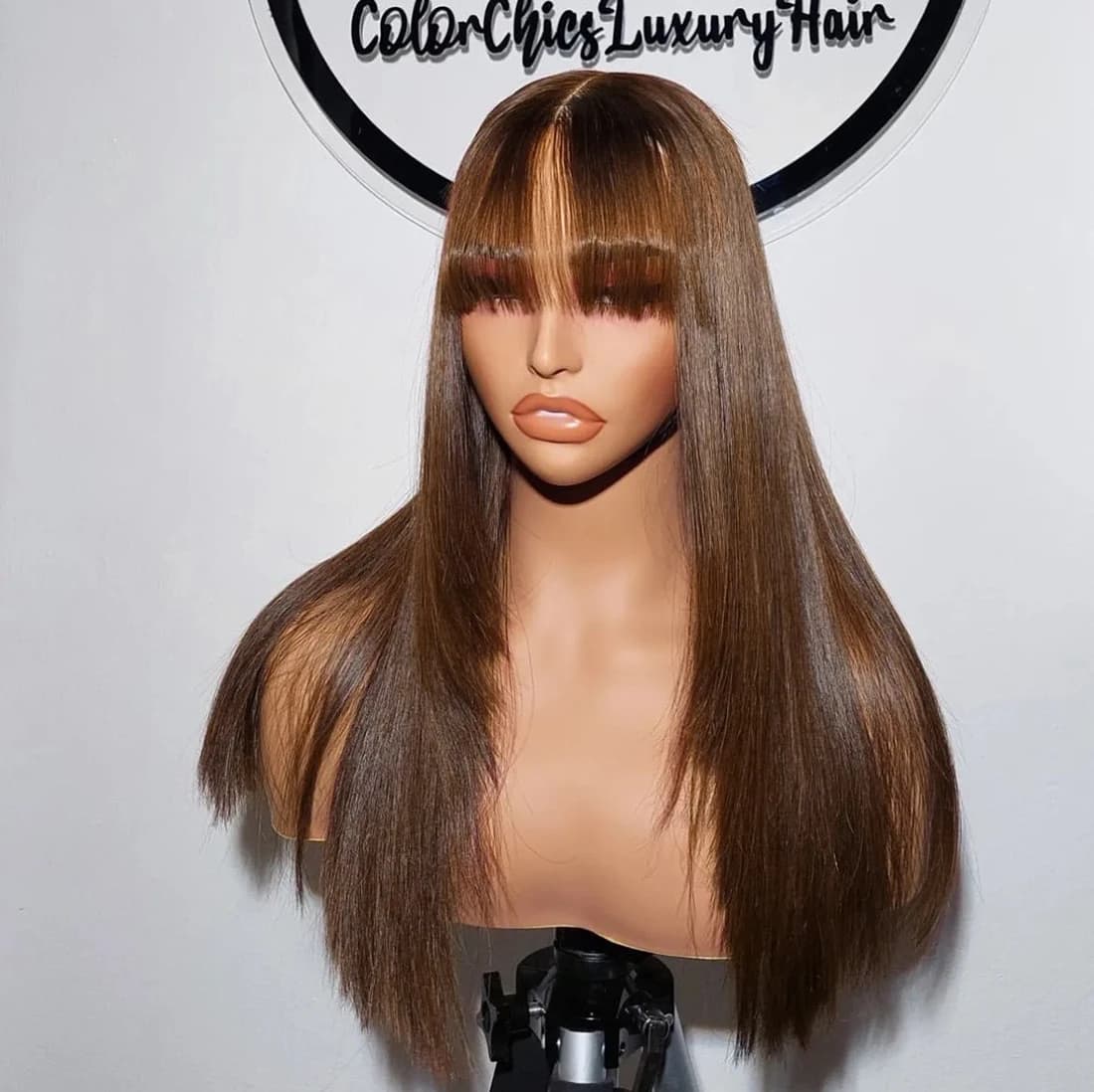 Chocolate Brown Layered Straight Wigs with Bangs Synthetic Layered Cut 3X1 Lace Glueless Wig 4# Brown Color 180% Density