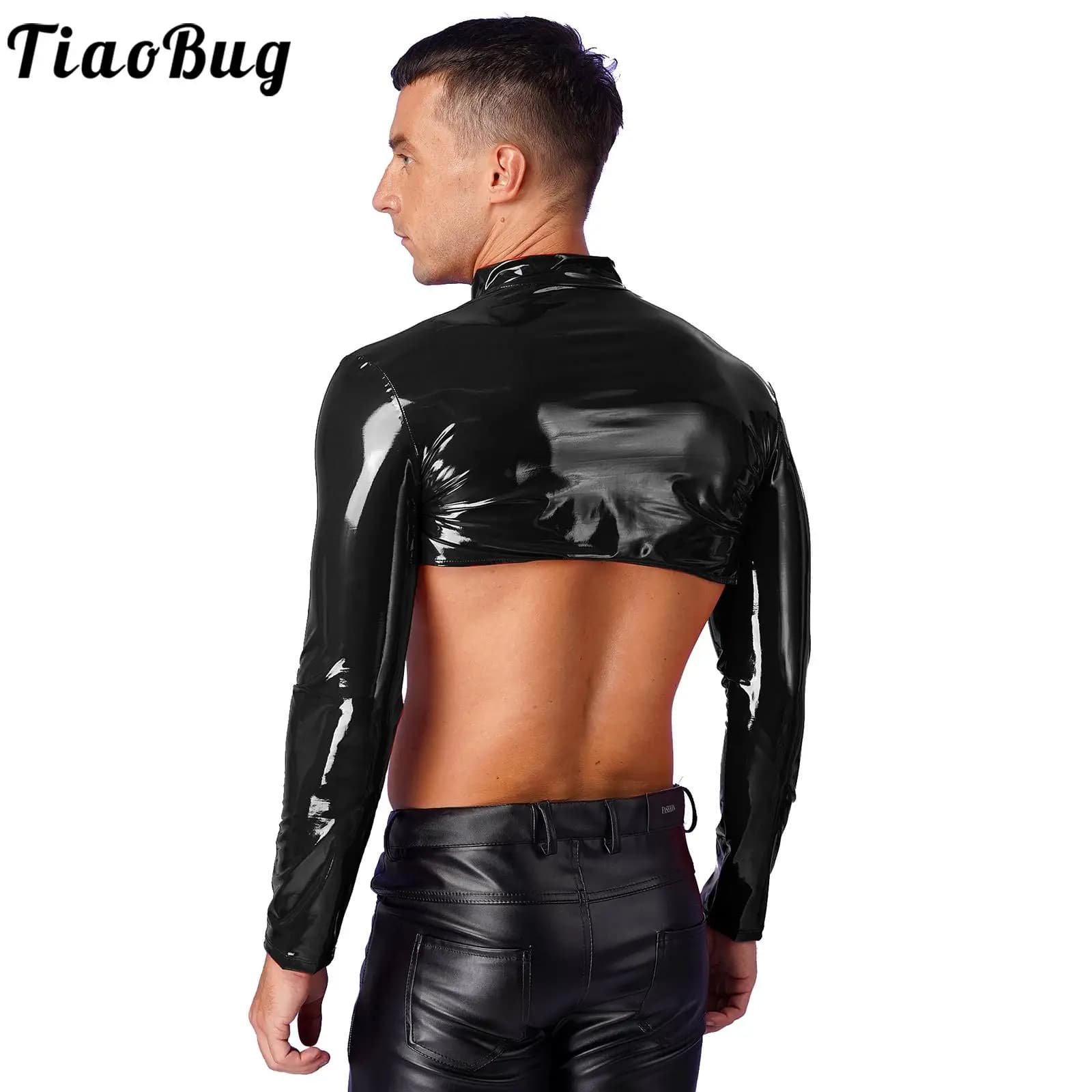 Men Wetlook Harness Crop Top Glossy Patent Leather Long Sleeve Open Chest Tank Top with Zip Showing Muscle Party Night Club Wear