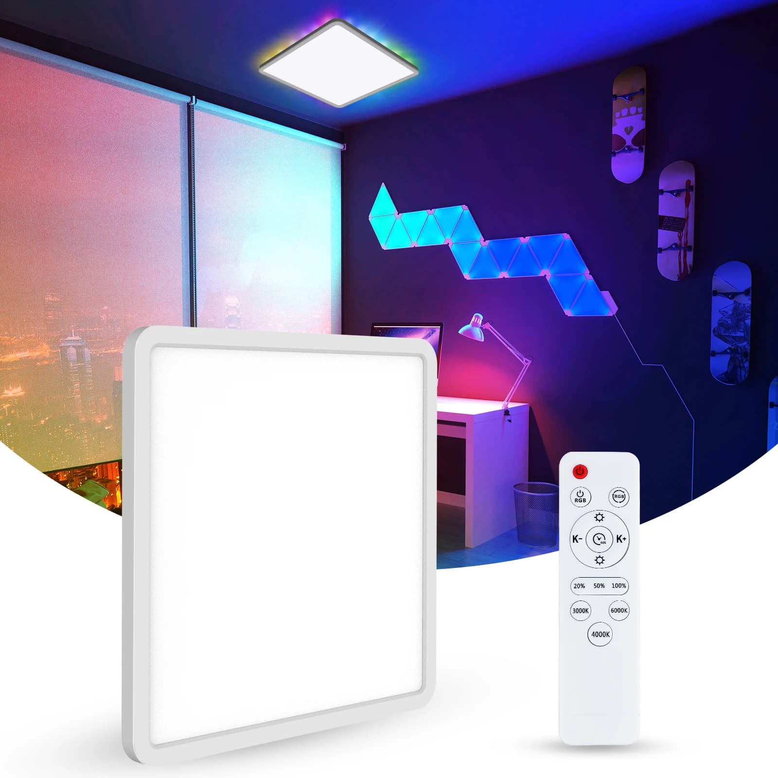 24W Square RGB Ceiling Light 30cm Bathroom Kitchen LED Downlight with Remote App Control Colour Changing Ceiling Lamp for Party