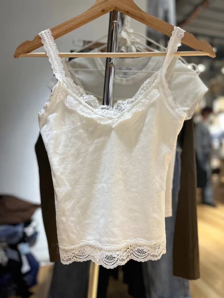Women White Lace Trim Camis Women Summer Solid Sleeveless Soft Cotton Cute Crop Top Female Streetwear Vintage Slim Tank Tops