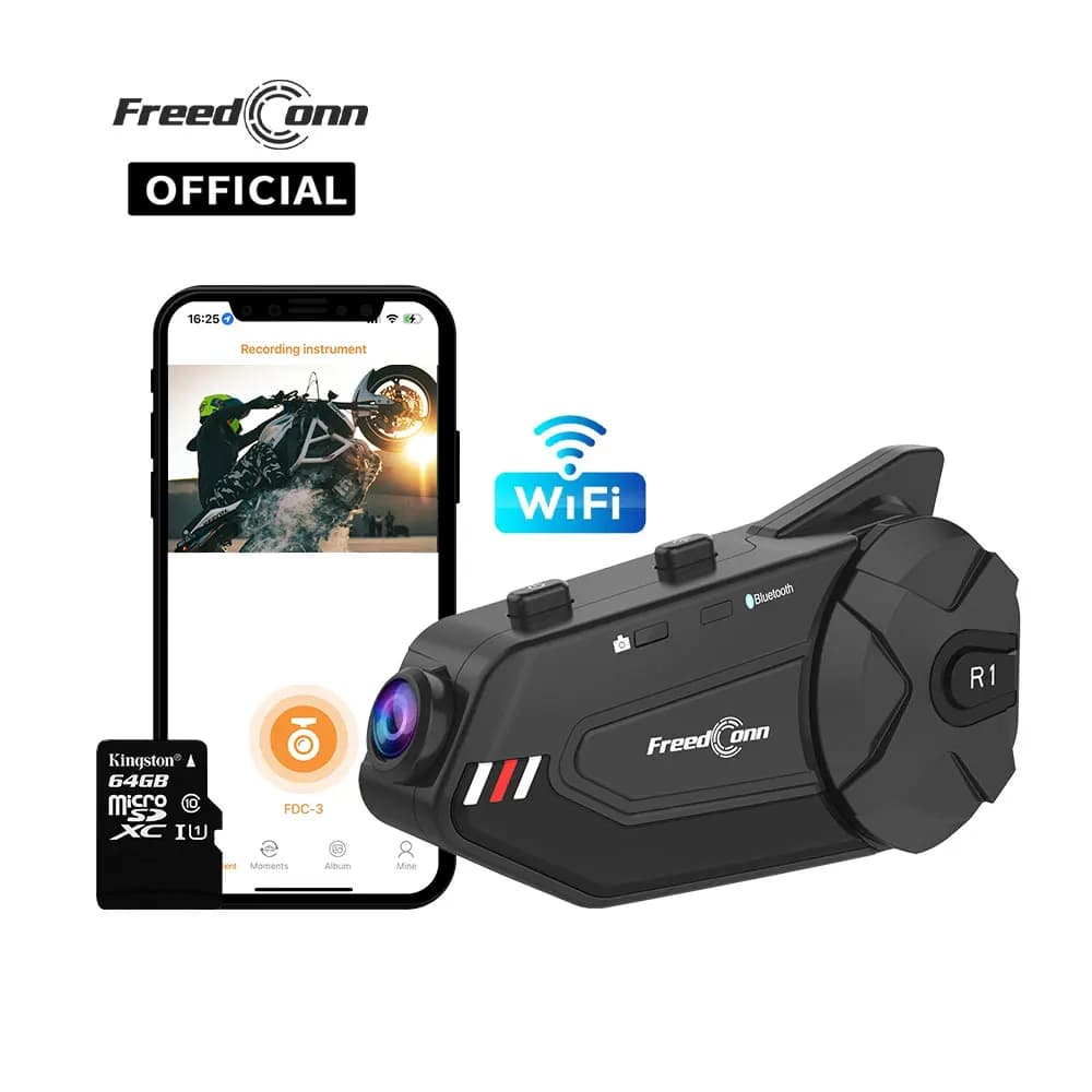 Freedconn R1Plus Bluetooth Motorcycle Intercom Helmet Headset Wifi APP Speaker Headphone Motorbike Interphone Motor Dash Cam Dvr