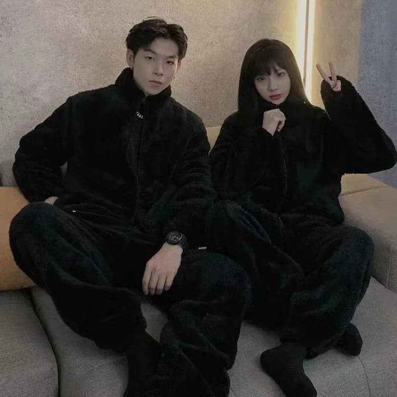 Zipper Pajamas for Men Fleece Winter Sleepwear Korean Pajamas in Set Couples Sleeping Wear Pijama 2 Pcs Pants Sets Home Suit