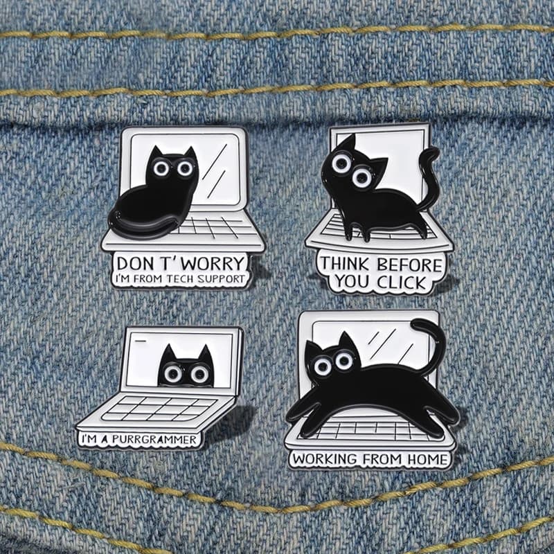 Black Cat Enamel Pins Custom THINK BEFORE YOU CLICK Brooches Lapel Badges WORKING FROM HOME Funny Jewelry Gift for Friends