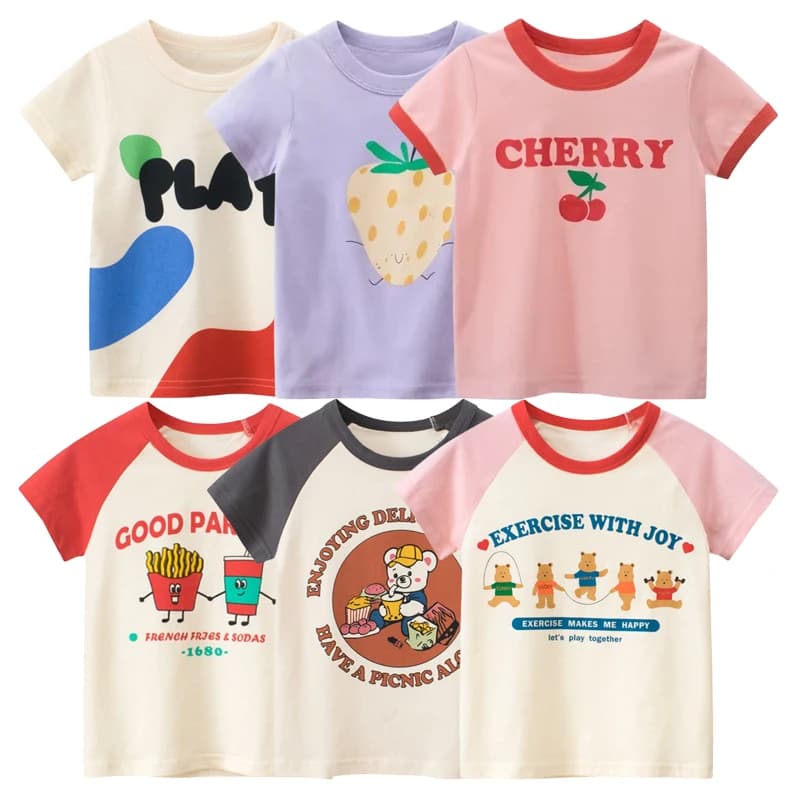 2025 Summer Short Sleeve T Shirt Girls Cartoon Strawberry Cherry Casual T-Shirts for Girl Tops Cotton Children Kids Clothes 10Y