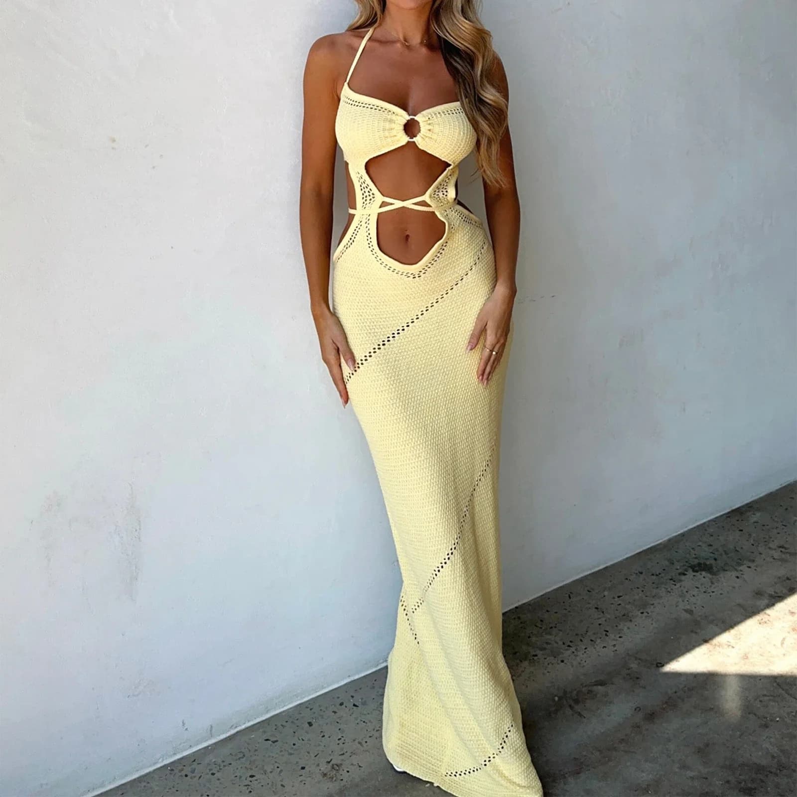 Fashion Women's Sleeveless Knit Long Dress Solid Color Halter Front Cutout Back Tie-Up Slim Dress Streetwear Casual Outfits