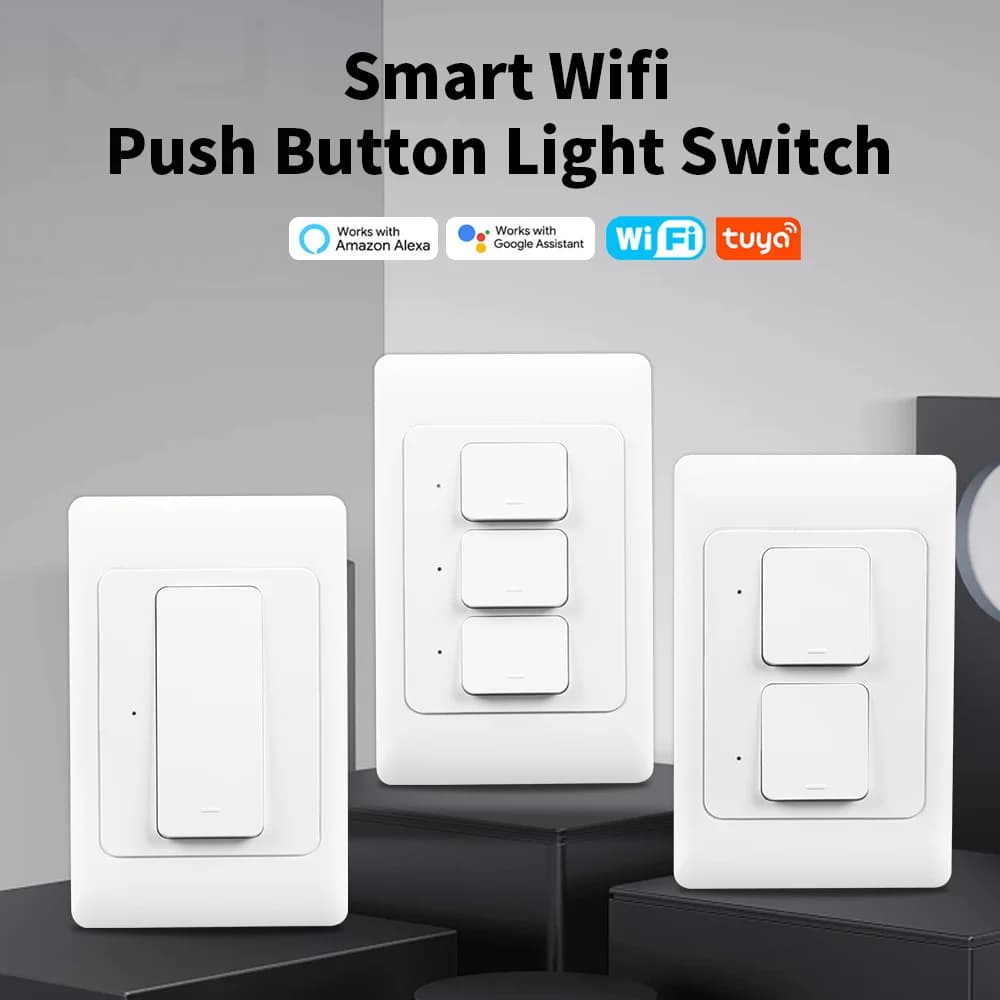 Tuya WiFi Push Smart Switch Button Wall Light Switches 1/2/3gang No Neutral Wire Required Switch Wireless Control Alexa Google