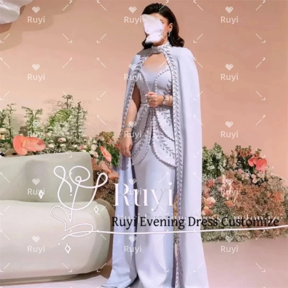 Customized Gorgeous Crepe Cloak Formal Evening Dresses Leaf Applique Sweetheart Neckline Buttons Prom Gown Arabia Wedding Gown