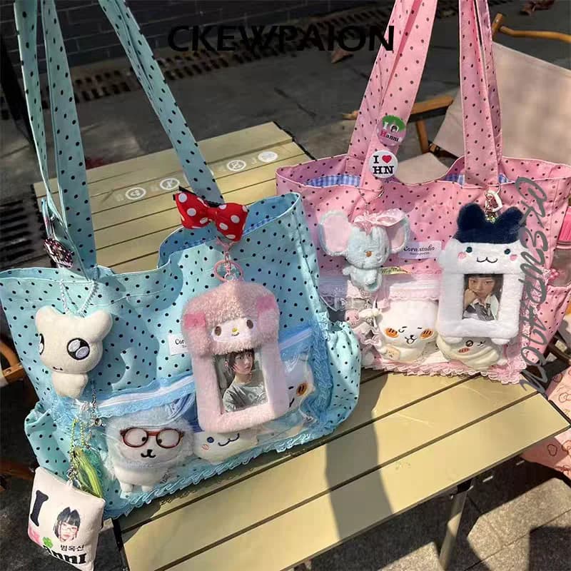 New Y2k Cute Ita Bag Girls Transparent Tote Bag Fashionable Large Capacity Polka Dot Canvas Shoulder Bag Casual Commuter Handbag
