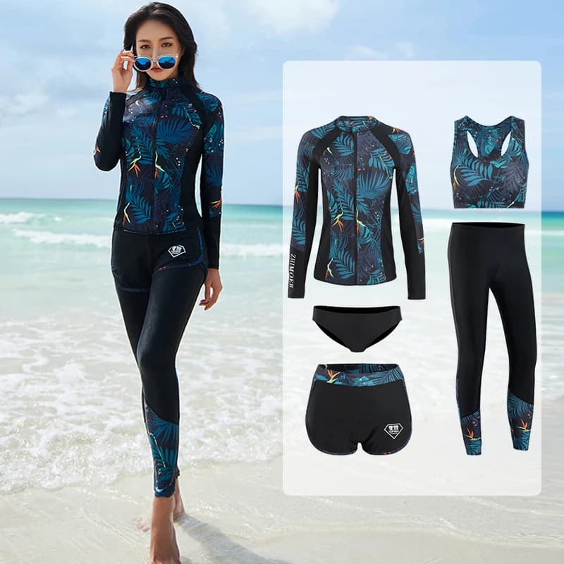 Long Sleeve Rash Guard Women Patchwork 5 Pieces Swimsuit Zipper Swimwear Bathing Suits Surfing Pad Long Pant Couples Men 3 Piece