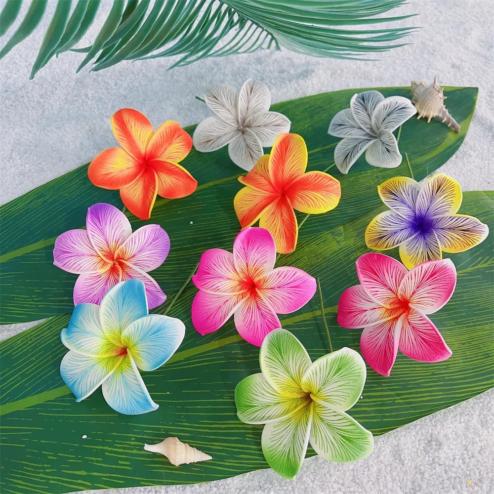 10Pcs Mixed Color Hawaiian Flower Hair Clips 3.5 Inch Artificial Frangipani Boho Floral Hair Barrettes for Vacation Beach Party