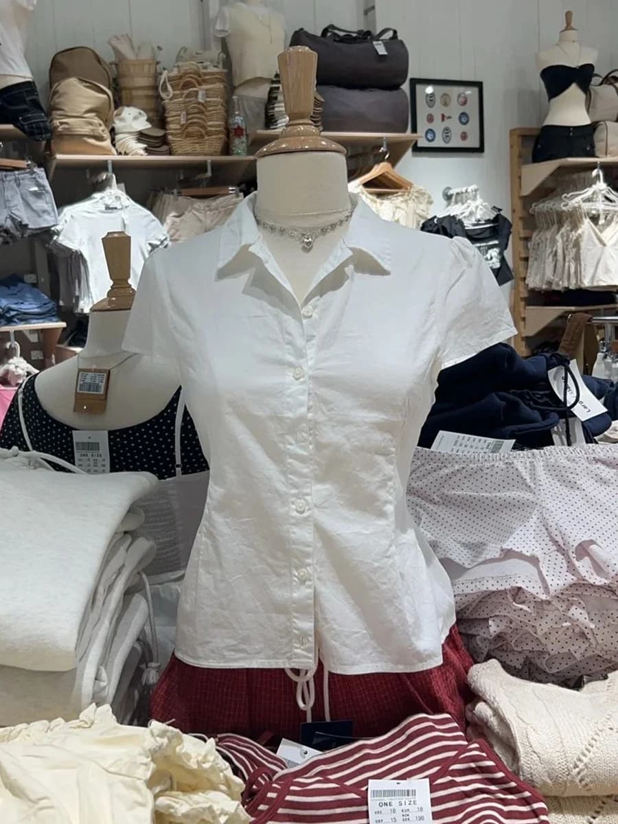 Back Lace-up White Blouse Women Peter Pan Collar Slim Short Sleeve Blouses Summer Casual Simple Sweet Chic Y2k Top Shirts Femme