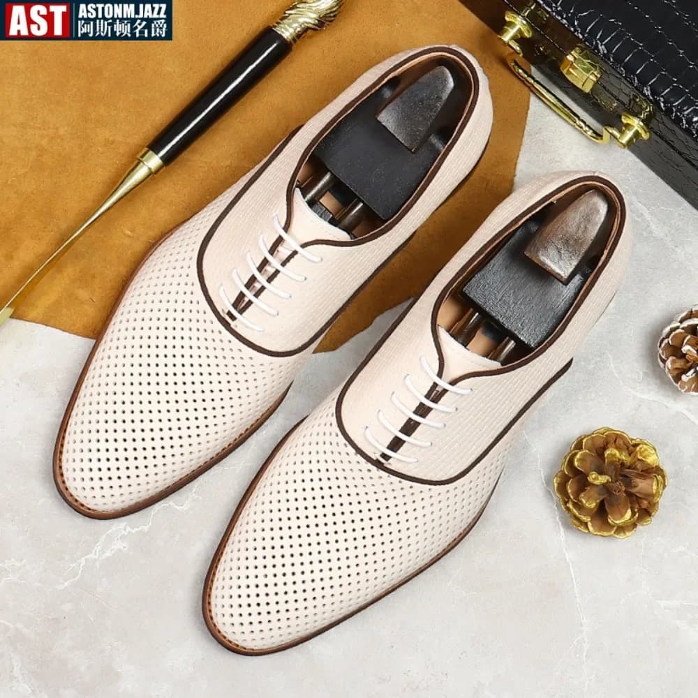 Men's Business Casual Oxford Shoes Real Cow Leather Comfortable Breathable Hollow Soft Leather Summer Shoes White Wedding Shoes