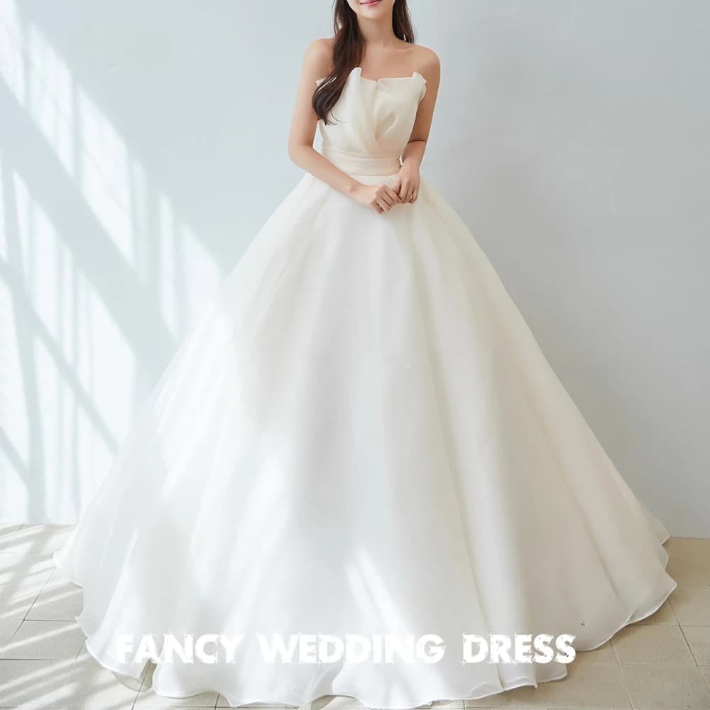 Fancy Elegant Organza Strapless Wedding Dress Korea Photo Shoot A Line Sleeveless Bridal Gown Floor Length customized