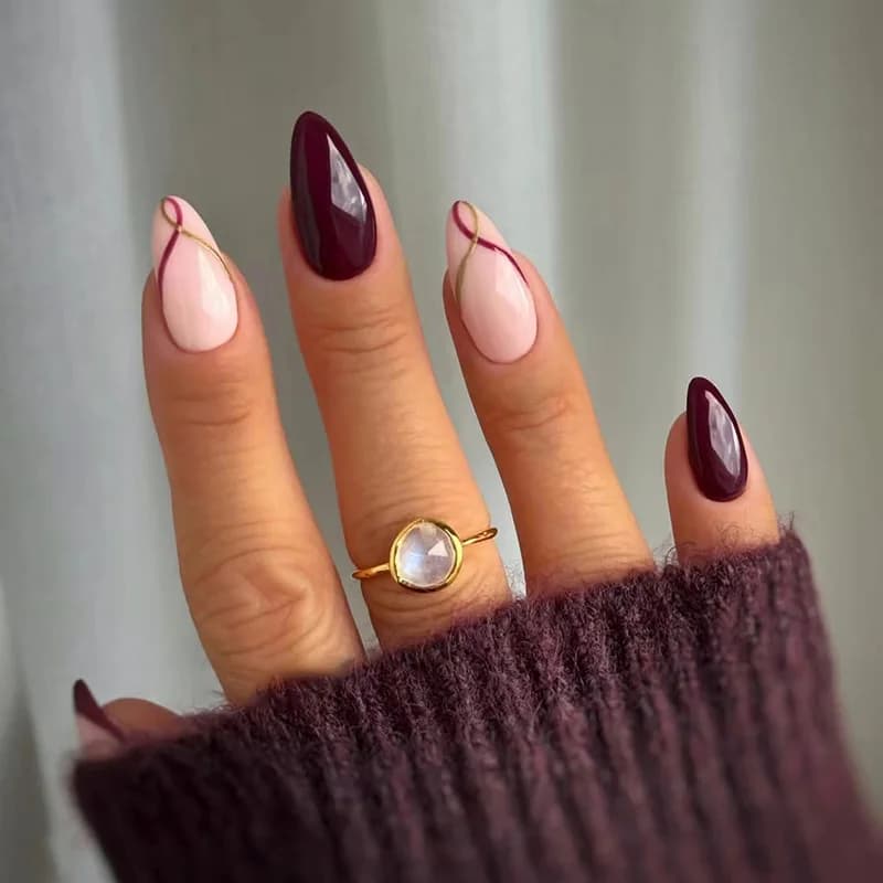 24Pcs Simple French Almond Press on Nails Irregular Stripe False Nails Glitter Powder Full Cover Autumn Artificial Nails Art Tip