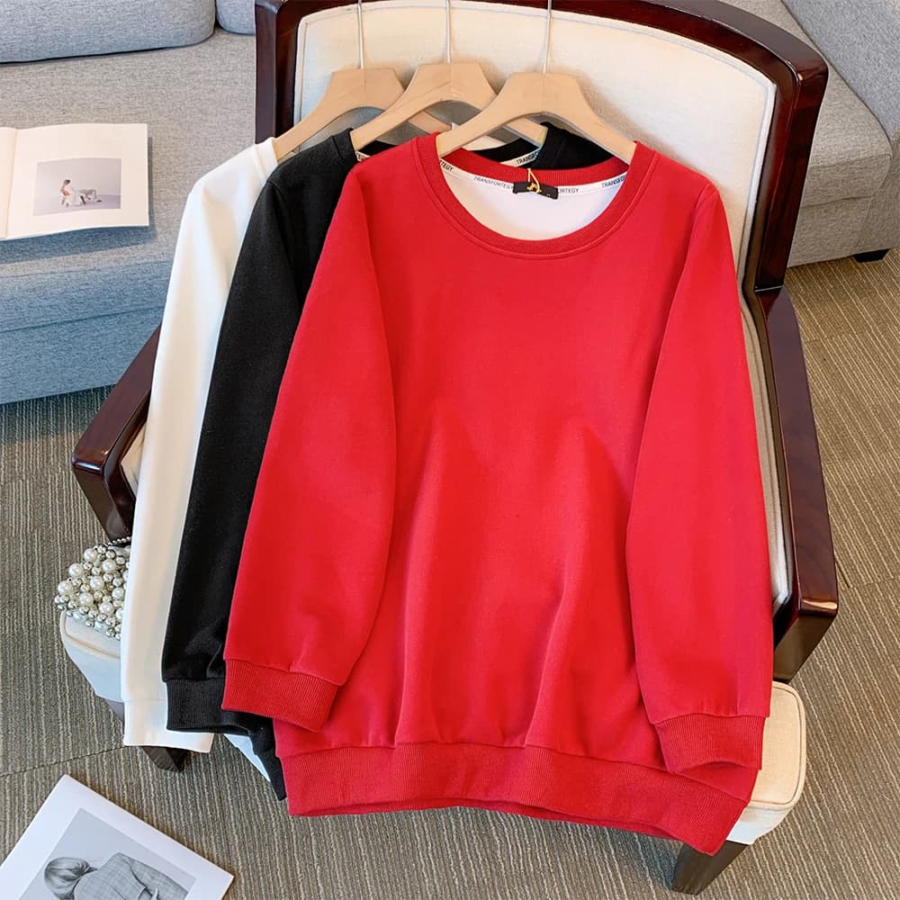 Autumn and Winter Plus Size Women's Casual Loose Solid Colour Round Neck Sweatshirt Nine Colours Long Sleeve Top Daily Commuter