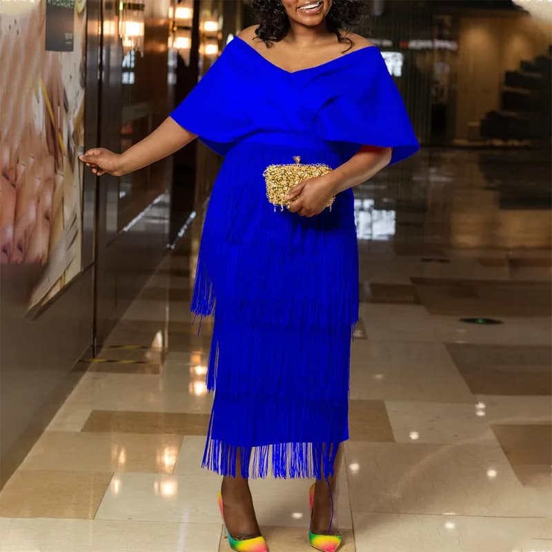 2025 Women Short Sleeve Round Neck Fashion Sexy Celebrity Banquet Tassel Hot Diamond Large Dress