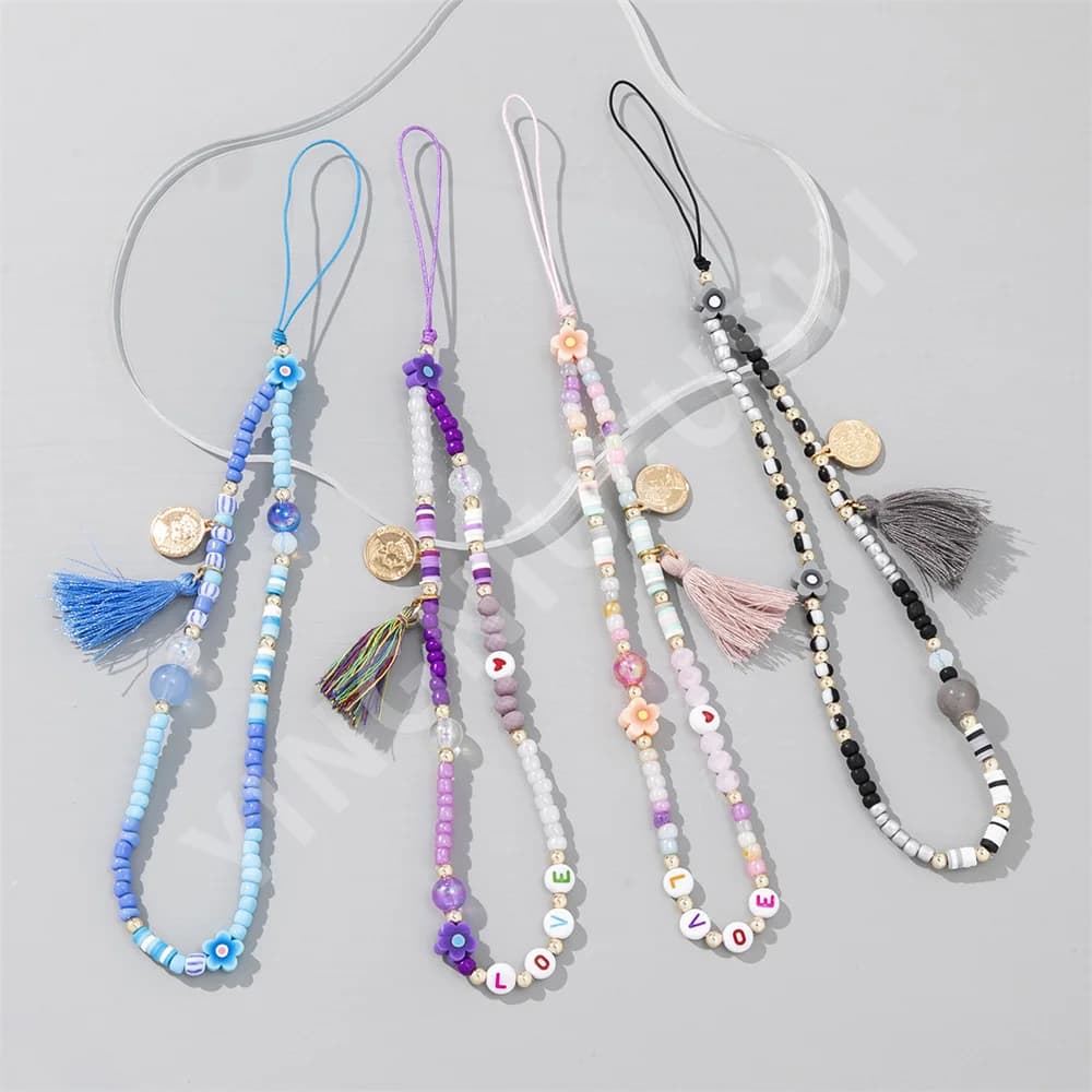 Colourful Beaded Mobile Phone Chain Fashion Charm Strap For Women Girl Jewelry Phone Holder Beads Tassels Pendant Lanyard