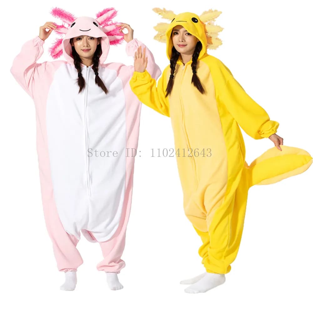 Halloween Onesie For Women Men Adult  Child Animal Kigurumis Pyjamas Cartoon Yellow Pink Axolotl Pajama Homewear Cosplay Costume