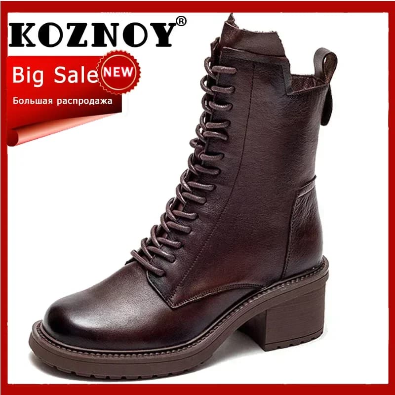 Koznoy 6cm Vintage Ethnic ZIP Platform Ankle Motorcycle Genuine Leather Spring Autumn British Style Boots Woman High Heel Shoes