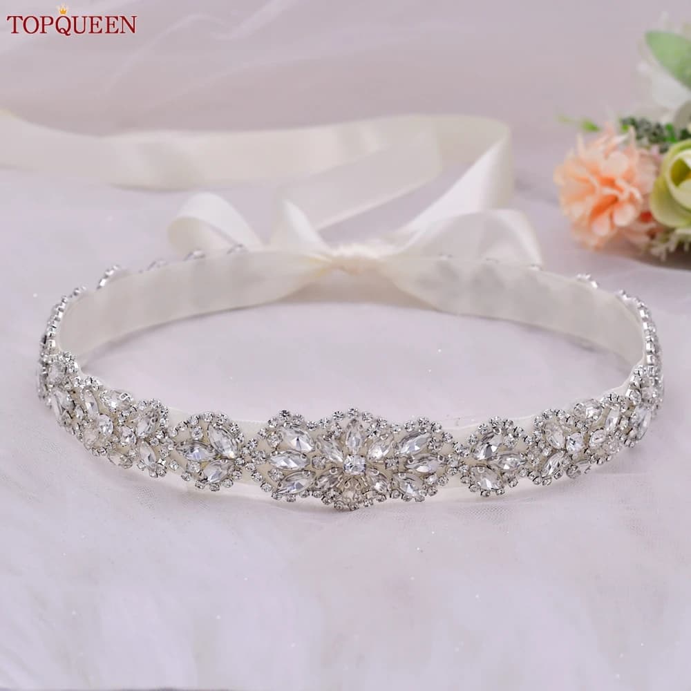 TOPQUEEN Luxury Wedding Dress Belt Thin Silver Rhinestone Crystal Belts for Women Dresses Bridal Belt Bridesmaids Dresses S75