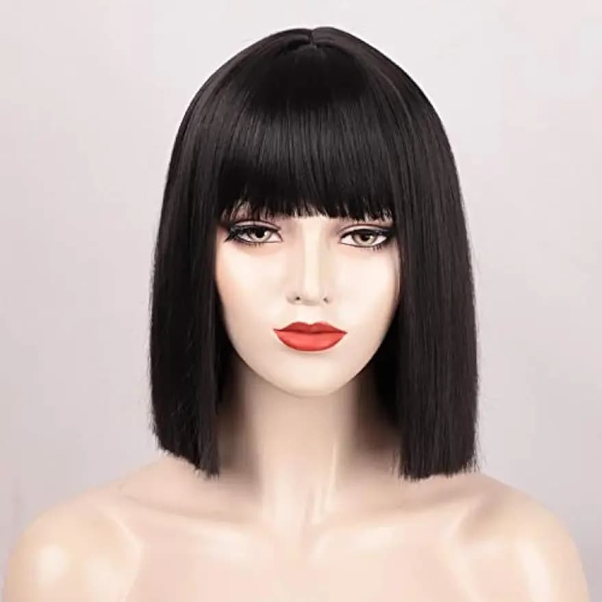 Black Bob Wig with Bangs Short Black Wig for Women Straight Bob Wigs Heat Resistant Synthetic wig Mia Wallace Cleopatra Cospaly
