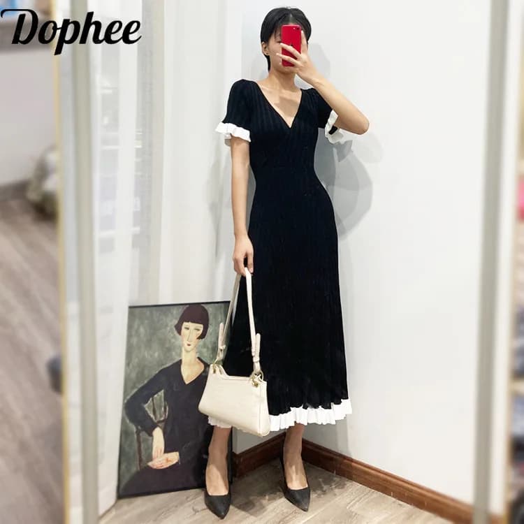 High Quallity Spring Summer Women Knitted Dresses Elegant Deep V-neck Ruffles Short Sleeve Ultra Long Mid-calf Knitting Dress