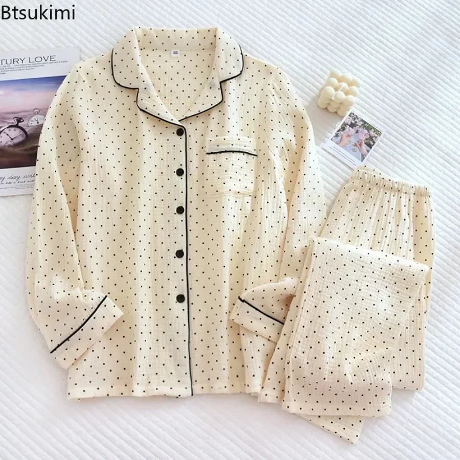 2025 Women's 100% Cotton Gauze Pajama Sets Polka Dot Print Sleepwear Female 2 Piece Set Nightwear Lady Pyjamas Loungewear Sets