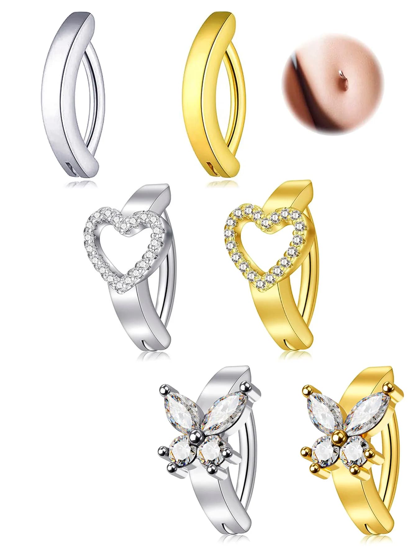 Butterfly Navel Belly Button Ring Surgical Steel Zircon Heart Umbilical Ring  Reverse Curved Glossy Snap Tummy Ring Piercing