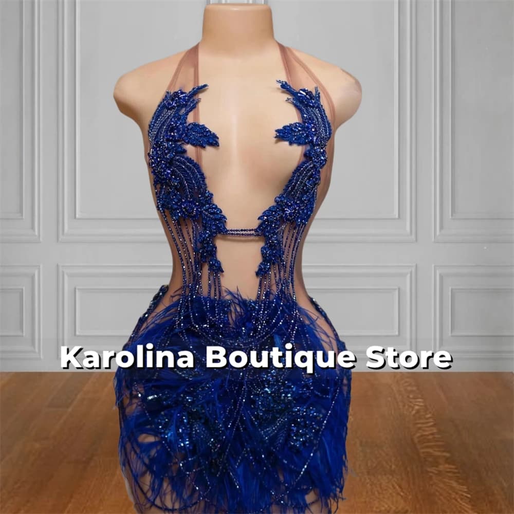 Royal Blue Feathers Prom Dresses Beaded Rhinestone Tassels Baddie Dresses For Birthday Halter Homecoming Dress Customized