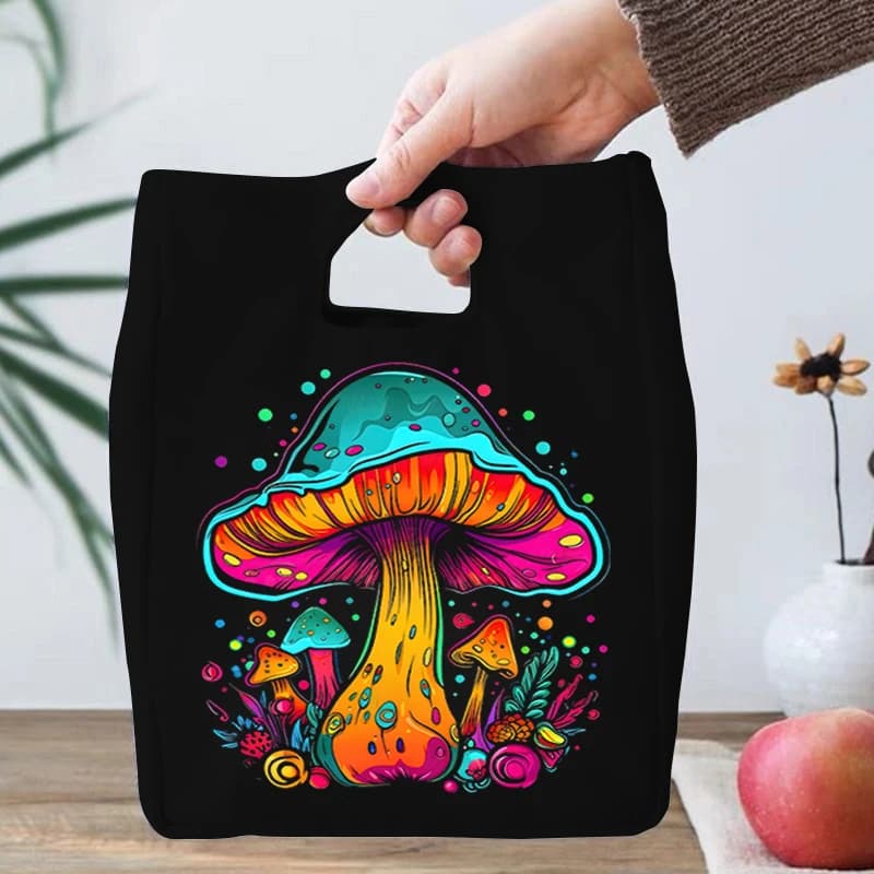 Watercolour Mushrooms Pattern Canvas Lunch Bag Boys Girls Funny Cat Mushroom Design Portable Bento Bags Reusable Thermal Boxes