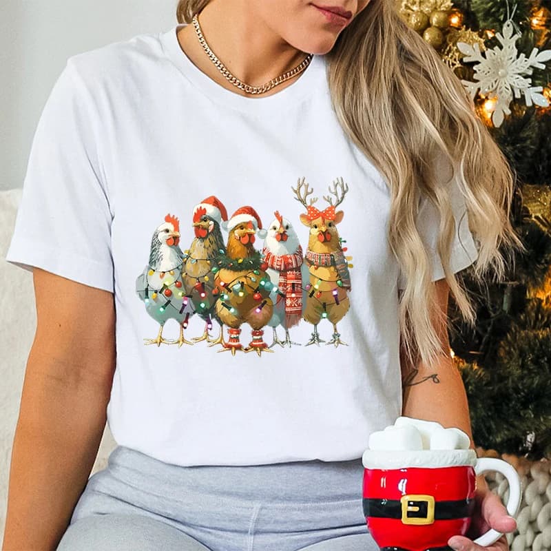 Festive Fashion T-shirt Women Merry Christmas Chicken Cartoon T-shirts Country Life Lovers Christmas Party Gift Essential Tops