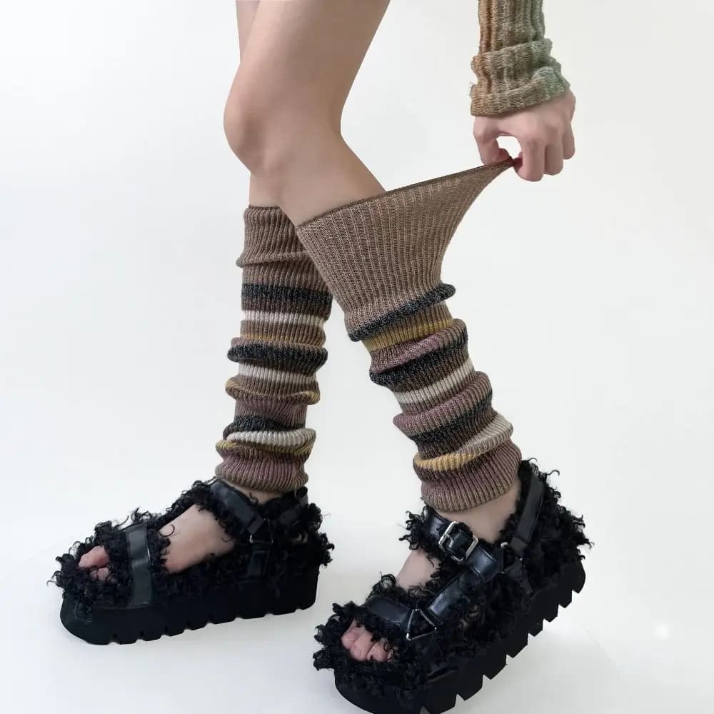 Elastic Vintage Wool Leg Warmers Preppy Style Thick Striped Socks Y2K Hosiery Animal Furr Knitted Ruffle Socks Autumn