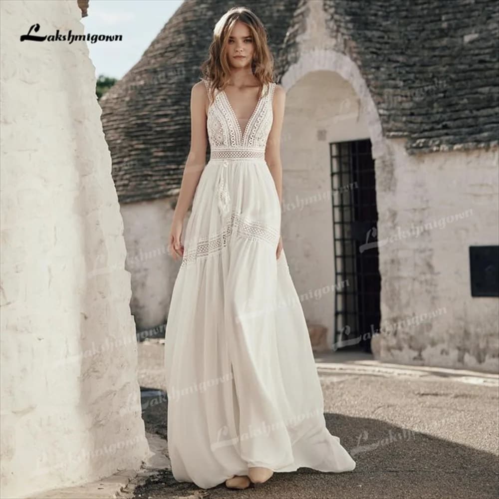 Vintage A Line Lace Bodice V Neck Chiffon Customize Wedding Dress Sleeveless Long Fromal Marriage Bridal Gown robe de mariée