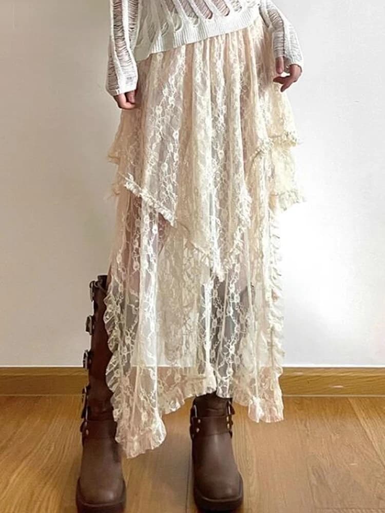 Asymmetrical Lace Skirts Women Summer Clothing Soft 2000s Vintage Clothing Streetwear Y2k Trendy Boho Style Loose Ladies Party