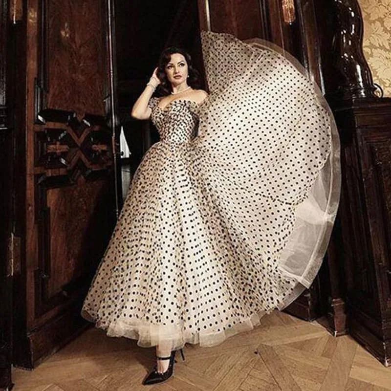 OEING Vintage Princess Dot Tulle Prom Dresses Off the Shoulder Tea Length Short Sleeves Formal Evening Party Gowns Customized