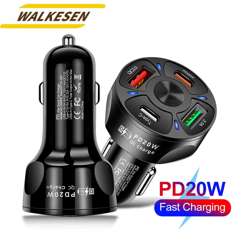 Type C 20W USB Car Charger 4 Ports Fast Charge PD QC3.0 For Xiaomi 14 POCO iPhone 15 Huawei Samsung Fast Charging Adapter in Car