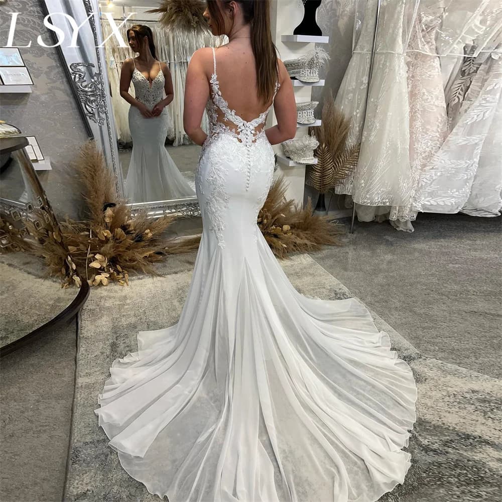 LSYX Customized Deep V-Neck Sleeveless Chiffon Mermaid Wedding Dress Simple Spaghetti Strap Court Train Cut Out Back Bridal Gown