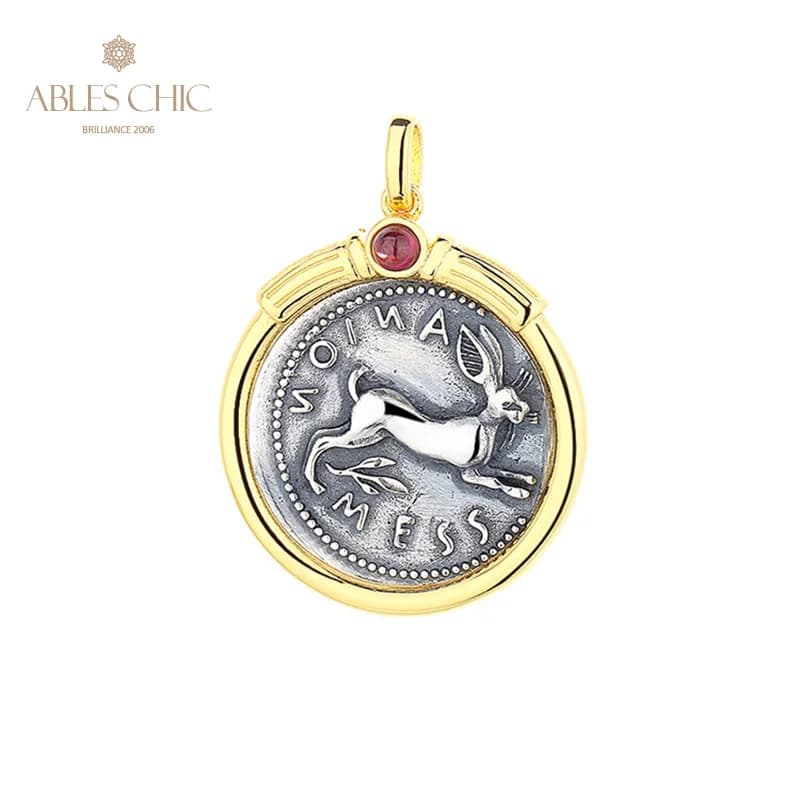 ABLES CHIC Sicily Rabbit Greek Silver Coins Replica Charm Solid 925 Silver Roman Coin Natural Garnet Pendant Only N1000