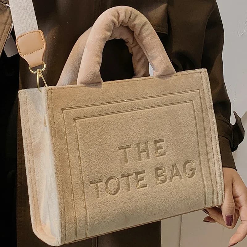 2025 Women's Khaki Velour Tote Bag Original Letter Print Medium Ladies Brand Shopper Handbag Female Square Medium Shoulder Bags