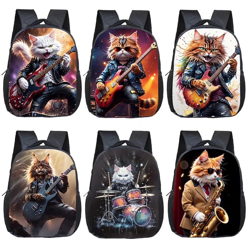 Hip Pop Cat Print Backpack Cool Cat Playing The Guitar and Drum School Bags Kids Toddler Baby Kindergarten Book Bag Gift