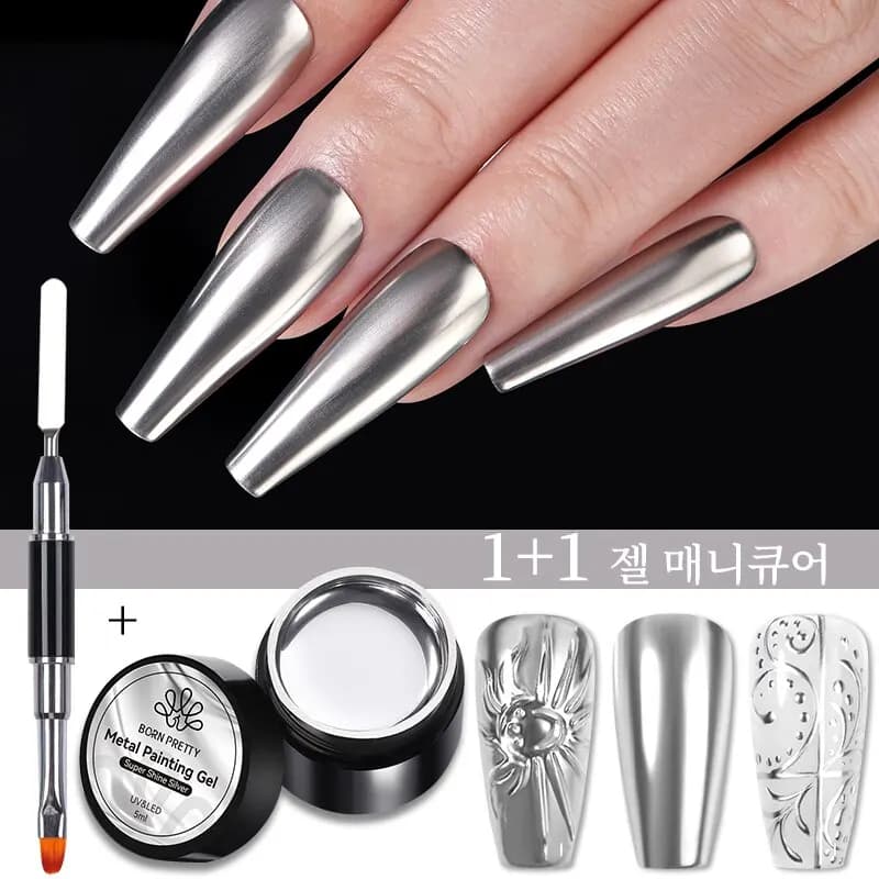 BORN PRETTY 2Pcs/Set 1PC 5ML Metallic Painting Gel with 1PC Nail Brush Gold Silver Mirror Gel Nail Polish Drawing Lines Nails