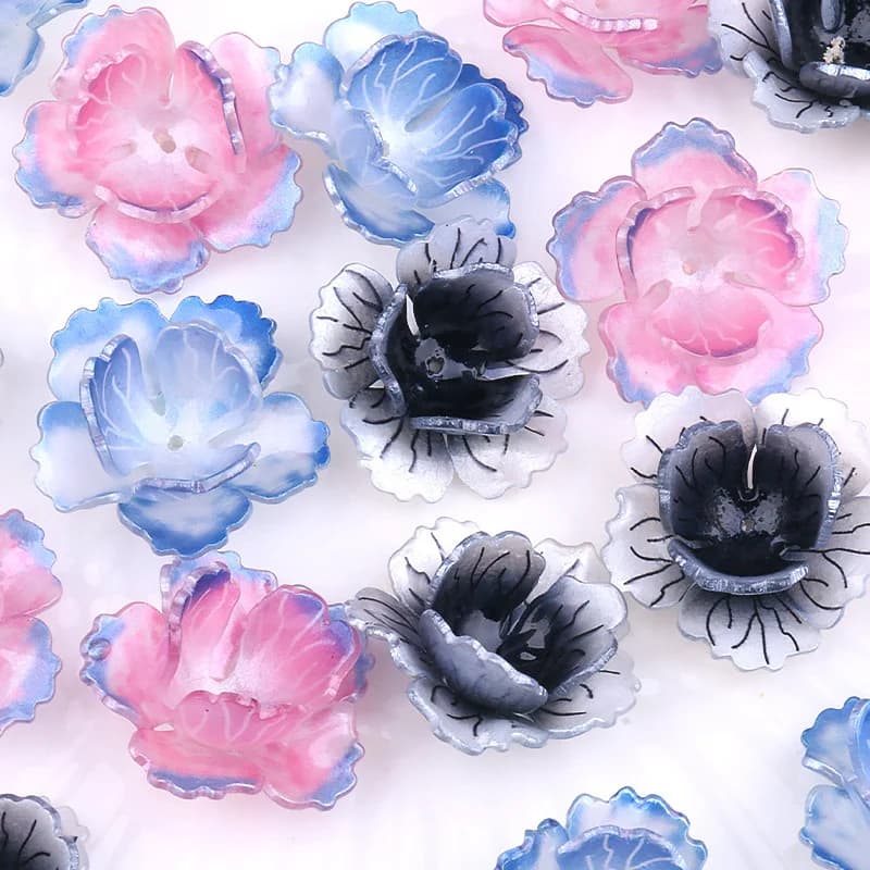 Summer style 50pcs/lot 26mm color pattern print cartoon camellia shape acrylic flowers beads diy jewerly accessory