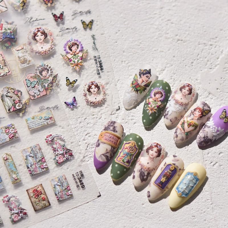 Butterfly Girls Vintage Oil Painting Style Cards 3D Self Adhesive Nail Art Stickers Dragonfly Unicorn Flowers Manicure Decals