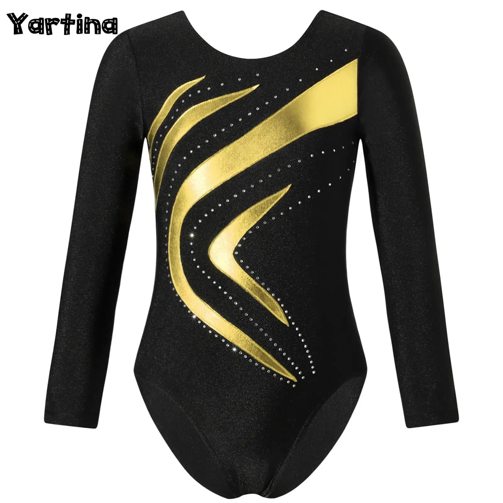 Kids Girls Ballet Dance Leotards Rhythmic Gymnasytics Figure Skating Yoga Bodysuit Long Sleeve Shiny Rhinestone Ballet Dancewear